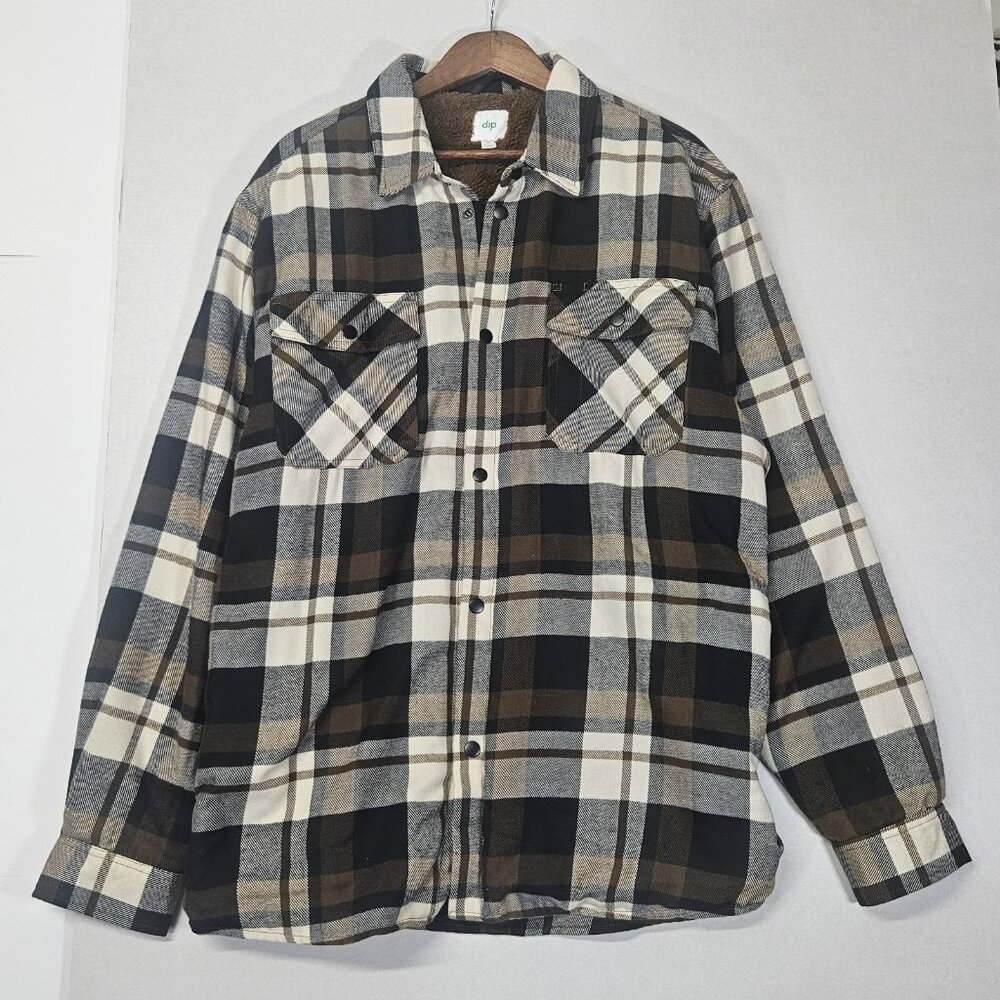 Mens Flannel Shirt Jacket Sherpa Lined Size XL Relaxed Fit Brown Plaid Button Up